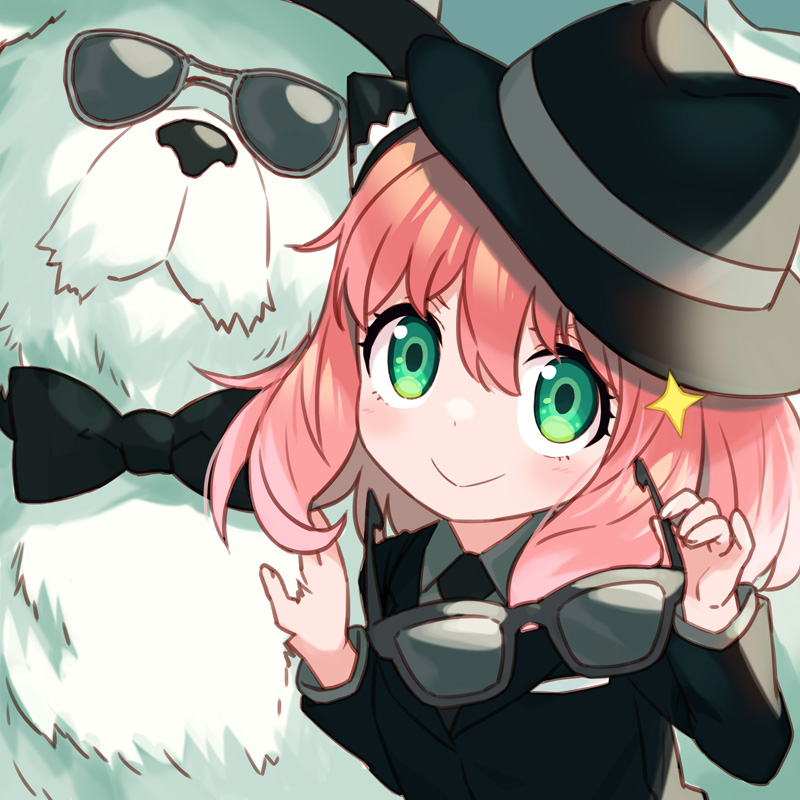 1girl, anya_(spy_x_family), black_bow, bow, child, dog, fedora, green_eyes, hat, hisana, looking_at_viewer, pink_hair, short_hair, smile, spy_x_family, sunglasses, tuxedo