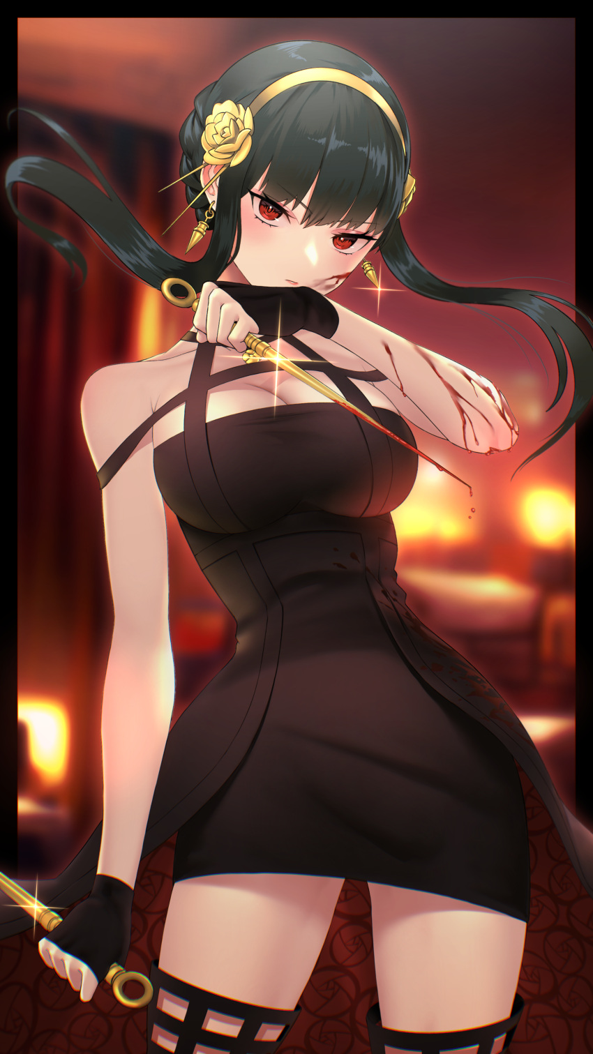 1girl, absurdres, backlighting, bangs, black_dress, black_hair, blood, blood_on_arm
