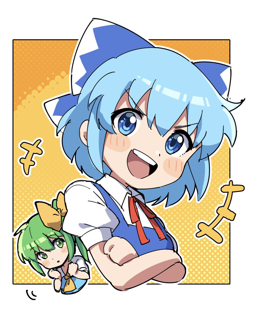 2girls, :d, ascot, blue_bow, blue_eyes, blue_hair, bow, cirno