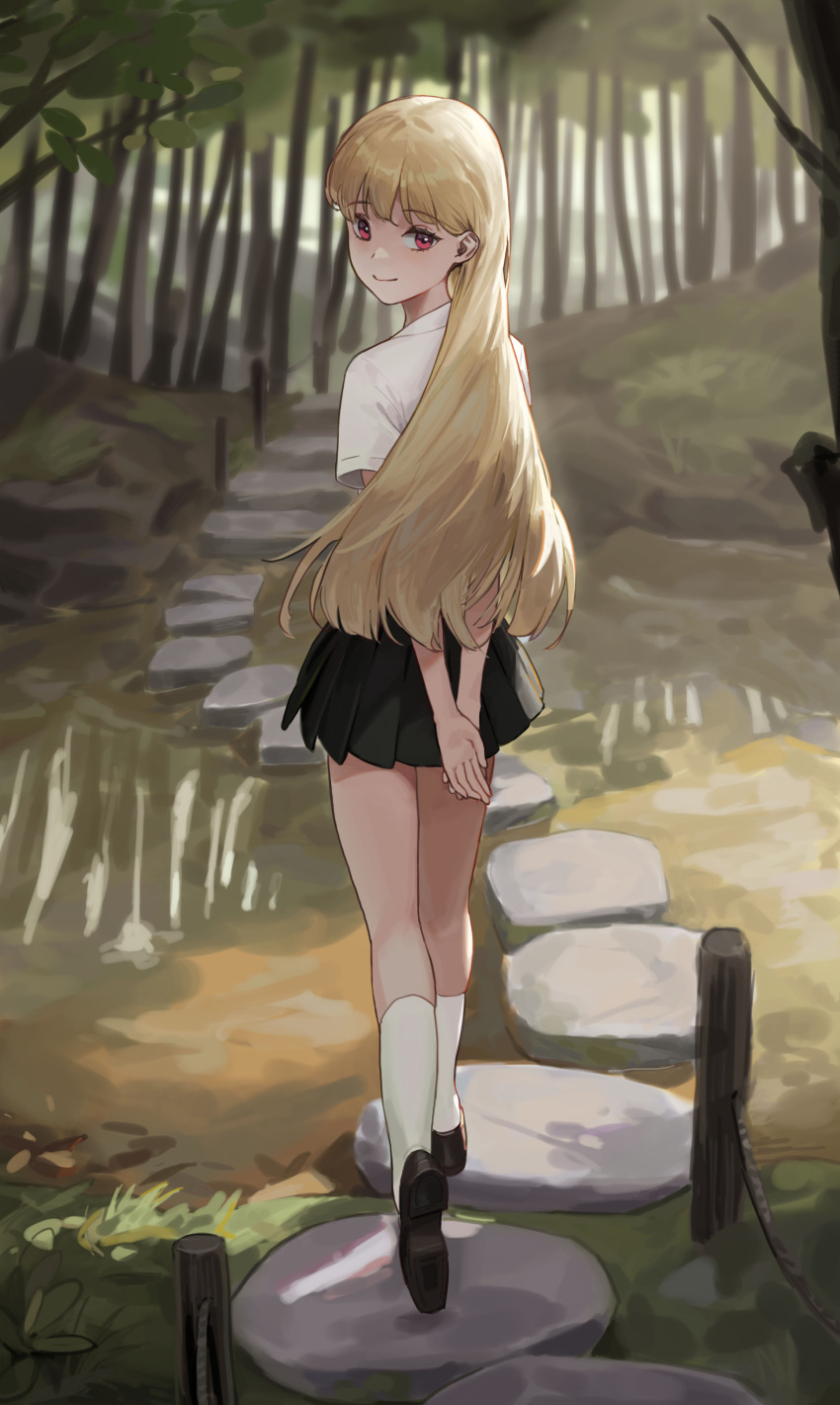 1girl, absurdres, arms_behind_back, bangs, black_skirt, blonde_hair, closed_mouth, cotta_(heleif), day, eyebrows_visible_through_hair, forest, from_behind, full_body, highres, kneehighs, long_hair, looking_at_viewer, looking_back, nature, original, outdoors, pleated_skirt, red_eyes, shirt, short_sleeves, skirt, smile, socks, solo, stepping_stones, tree, water, white_legwear, white_shirt