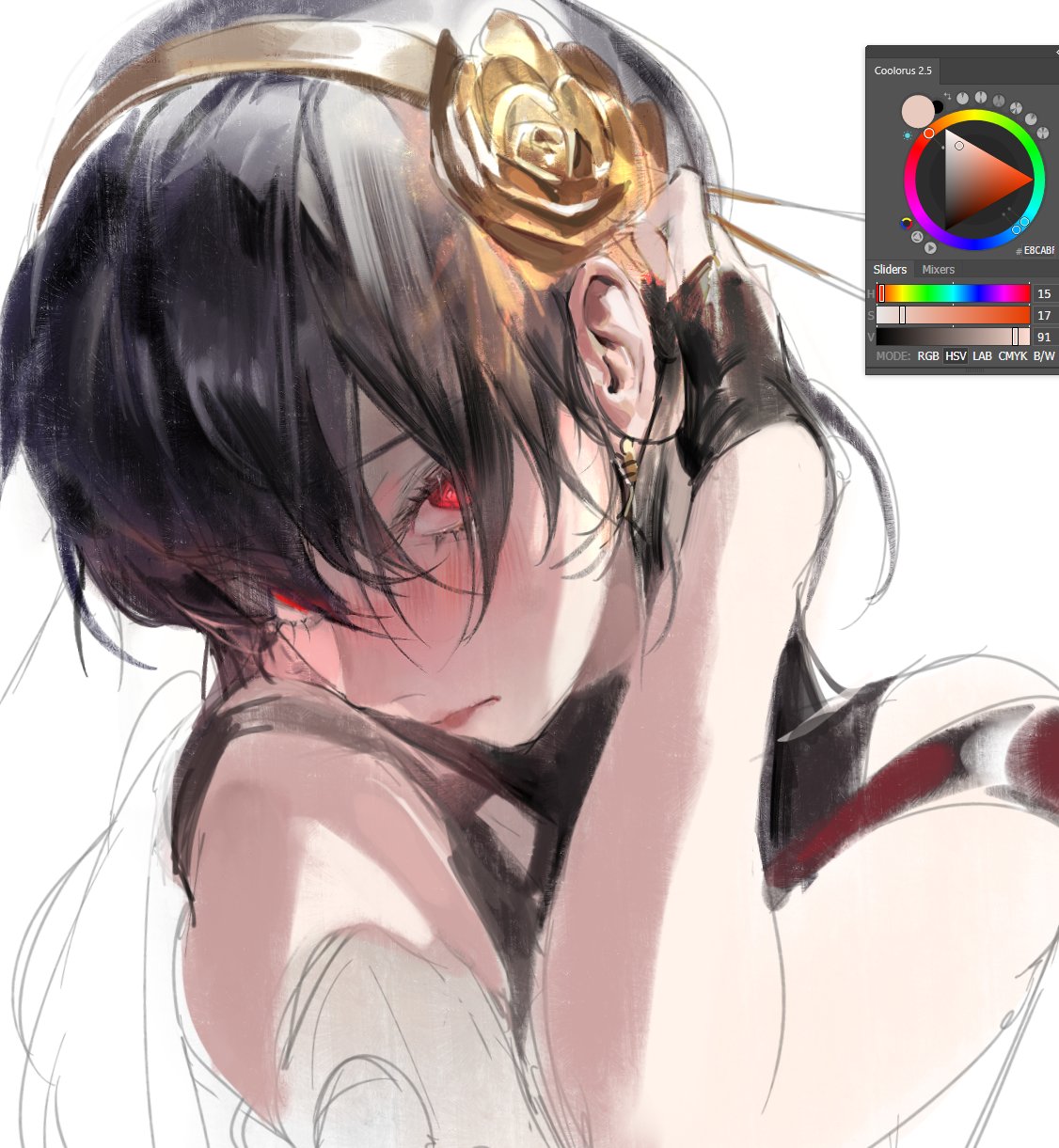 1girl, adobe_photoshop, bangs, black_gloves, blush, eyebrows_behind_hair, fingerless_gloves, flower