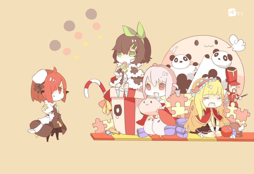 4girls, :3, ace_of_spades, alternate_color, angeling, apple, arch_bishop_(ragnarok_online), bangs, black_legwear, blonde_hair, bow, brown_cape, brown_gloves, brown_hair, cape, card, chibi, closed_mouth, commentary_request, creator_(ragnarok_online), cross, cruiser_(ragnarok_online), crying, detached_sleeves, dress, eyebrows_visible_through_hair, food, frilled_hairband, frills, fruit, full_body, fur-trimmed_cape, fur-trimmed_gloves, fur_trim, gift, gingerbread_man, gloves, green_bow, green_eyes, gypsy_(ragnarok_online), hair_between_eyes, hair_bow, hairband, halo, helmet, high_wizard_(ragnarok_online), highres, jigsaw_puzzle, juliet_sleeves, layered_dress, long_hair, long_sleeves, looking_at_another, multiple_girls, myst_case, navel, open_mouth, panda, pants, pekeko_(pepekekeko), pink_eyes, pink_hair, pink_hairband, playing_card, poring, puffy_sleeves, puzzle, ragnarok_online, red_eyes, red_sleeves, redhead, seiza, short_dress, short_hair, sitting, slime_(creature), smile, spade_(shape), strapless, strapless_dress, thigh-highs, treasure_chest, two-tone_dress, white_dress, white_gloves, white_pants