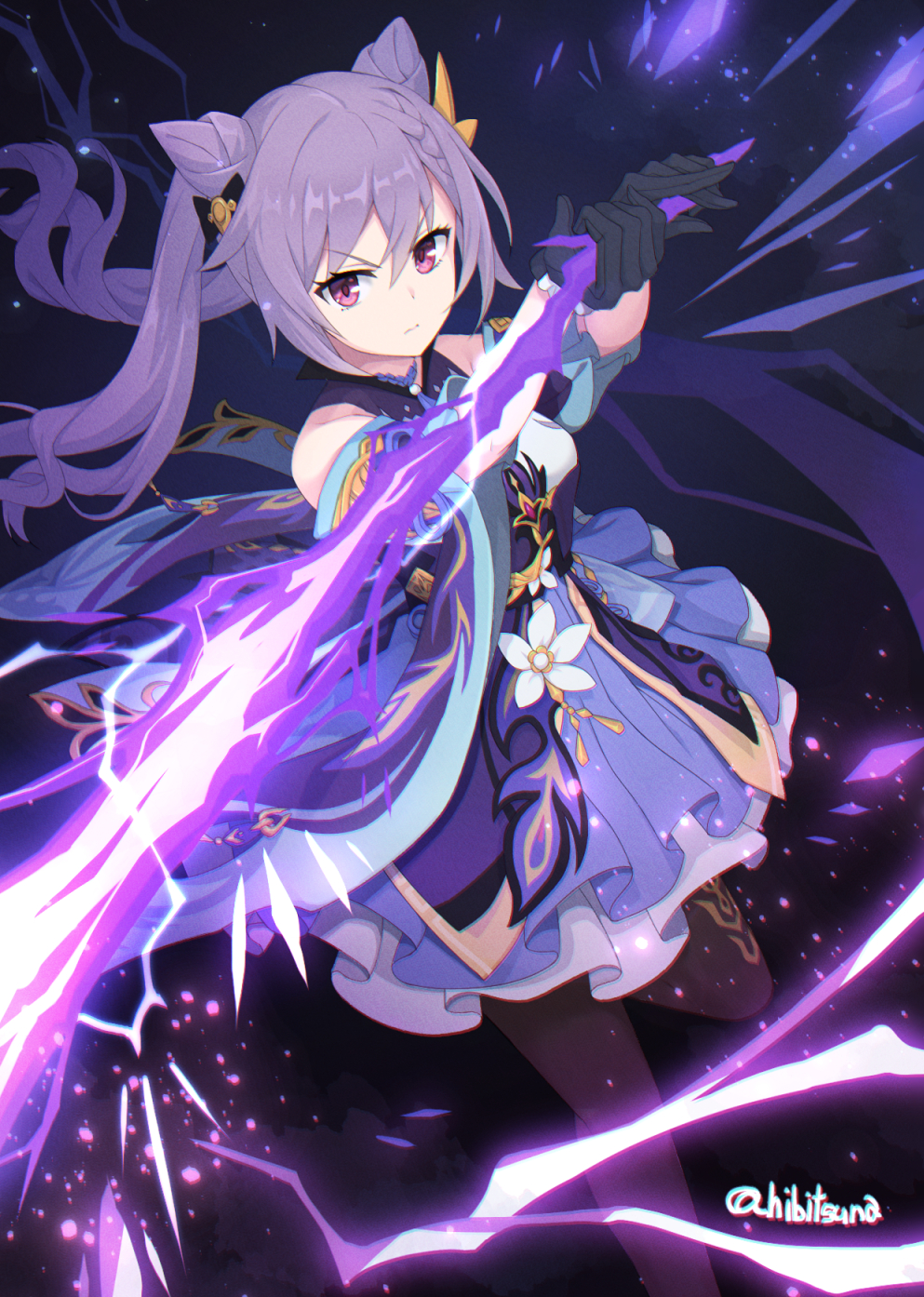 1girl, bangs, bare_shoulders, black_gloves, black_legwear, detached_sleeves, dress, eyebrows_visible_through_hair