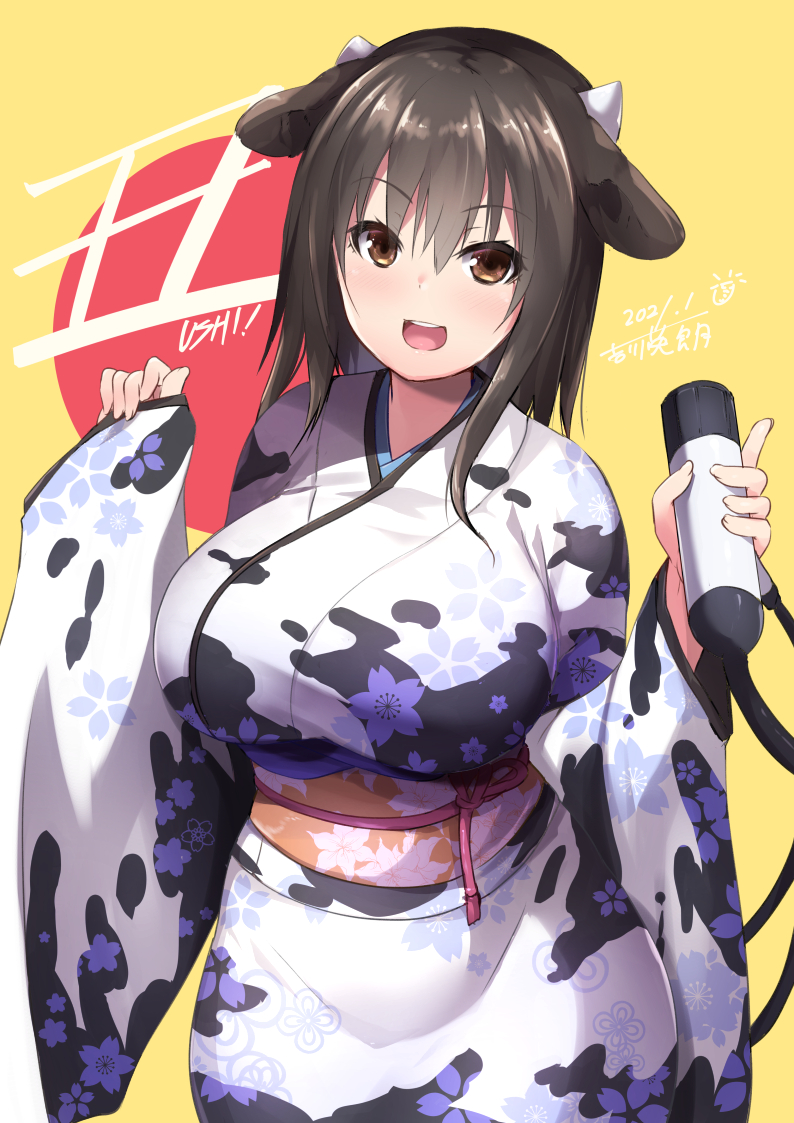 1girl, animal_ears, breasts, brown_eyes, brown_hair, cow_ears, cow_horns, horns, japanese_clothes, kimono, large_breasts, looking_at_viewer, original, short_hair, smile, yoshikawa_hideaki