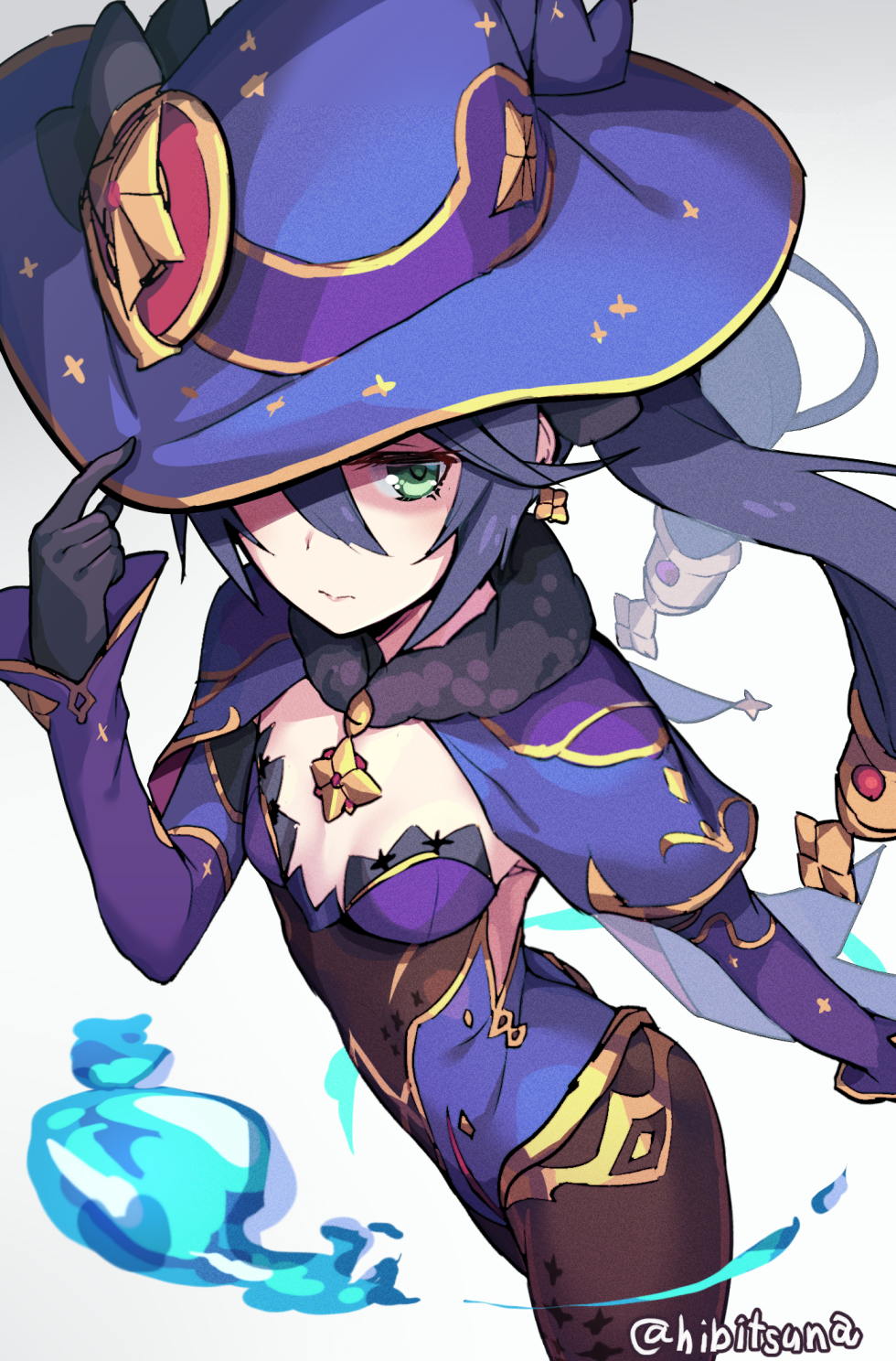 1girl, black_gloves, black_hair, black_legwear, blue_leotard, breasts, capelet, detached_sleeves