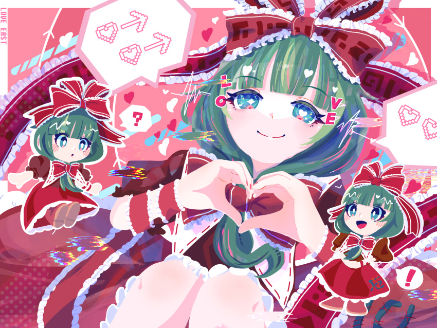 !, 1girl, :d, :o, ?, bangs, blue_eyes, blunt_bangs, blush, bow, chibi, closed_mouth, commentary, dress, eyebrows_visible_through_hair, frilled_bow, frilled_ribbon, frills, front_ponytail, green_hair, hair_bow, heart, heart-shaped_pupils, heart_hands, highres, kagiyama_hina, long_hair, looking_at_viewer, mismatched_pupils, multiple_views, omame_sakana, open_mouth, puffy_short_sleeves, puffy_sleeves, red_bow, red_dress, red_footwear, red_ribbon, ribbon, shoes, short_sleeves, smile, song_name, speech_bubble, split_mouth, spoken_exclamation_mark, spoken_heart, spoken_question_mark, star-shaped_pupils, star_(symbol), symbol-shaped_pupils, touhou