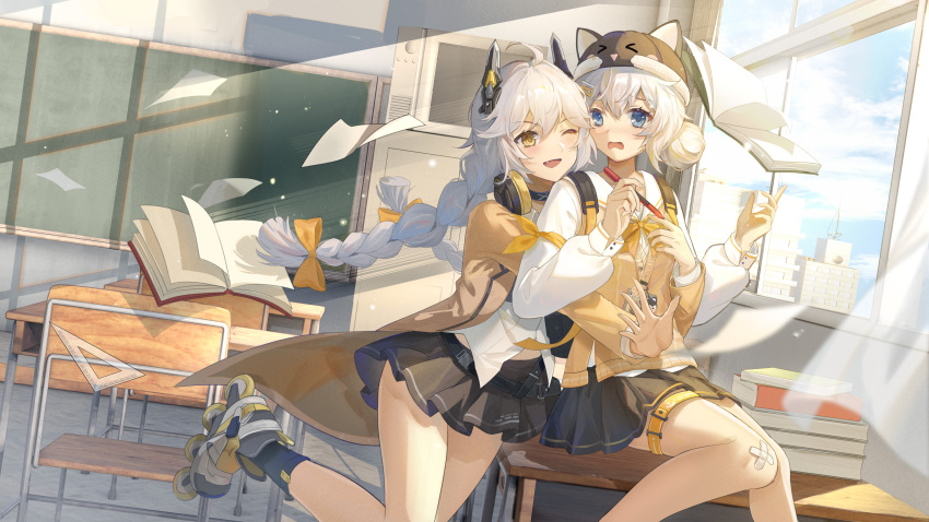2girls, absurdres, aether_gazer, bag, bandages, bangs, belt, blue_eyes, blush, book, book_stack, bow, bowtie, braid, building, chair, classroom, curtains, desk, eyebrows_visible_through_hair, hair_between_eyes, hair_bun, hair_ornament, hairclip, headphones, headphones_around_neck, highres, holding, hug, hug_from_behind, leviathan_(aether_gazer), long_hair, long_sleeves, multiple_girls, on_desk, open_mouth, paper, school_bag, school_chair, school_desk, school_uniform, short_hair, sitting, sitting_on_desk, skates, skirt, smile, socks, sweater_vest, teatix, thighs, twin_braids, white_hair, window, yellow_eyes, zenkibo_(aether_gazer)