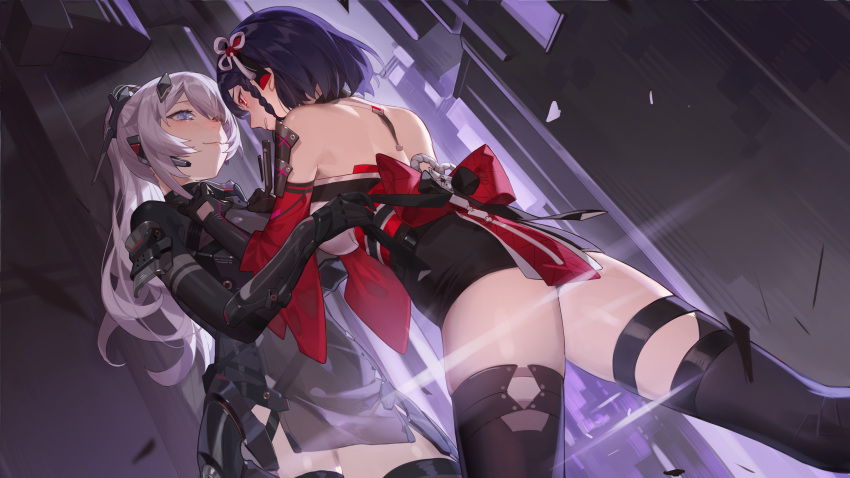 2girls, absurdres, aether_gazer, arms_guard, ass, bangs, bare_shoulders, blue_eyes