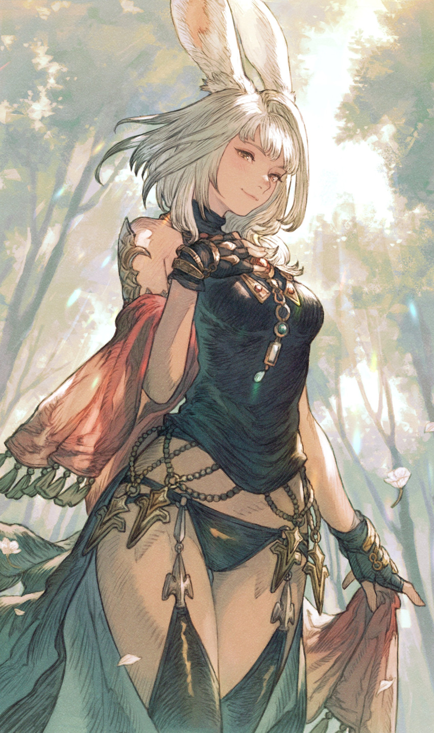 1girl, absurdres, animal_ears, avatar_(ff14), bangs, bare_shoulders, bikini, bikini_bottom_only