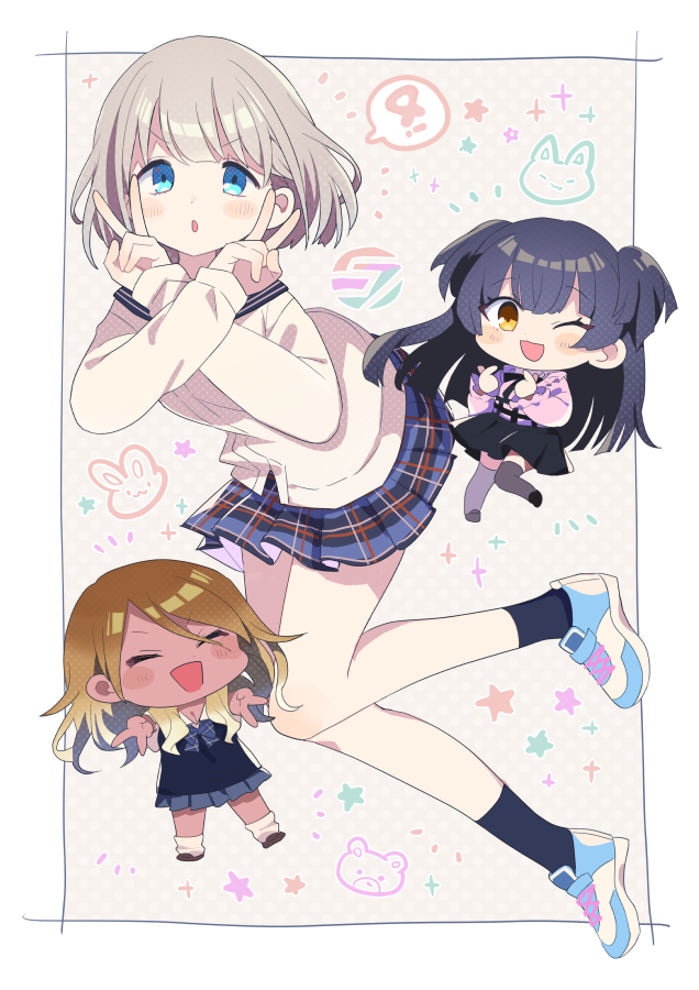 3girls, :o, ;d, ^_^, ^o^, animal_print, aqua_eyes, blush