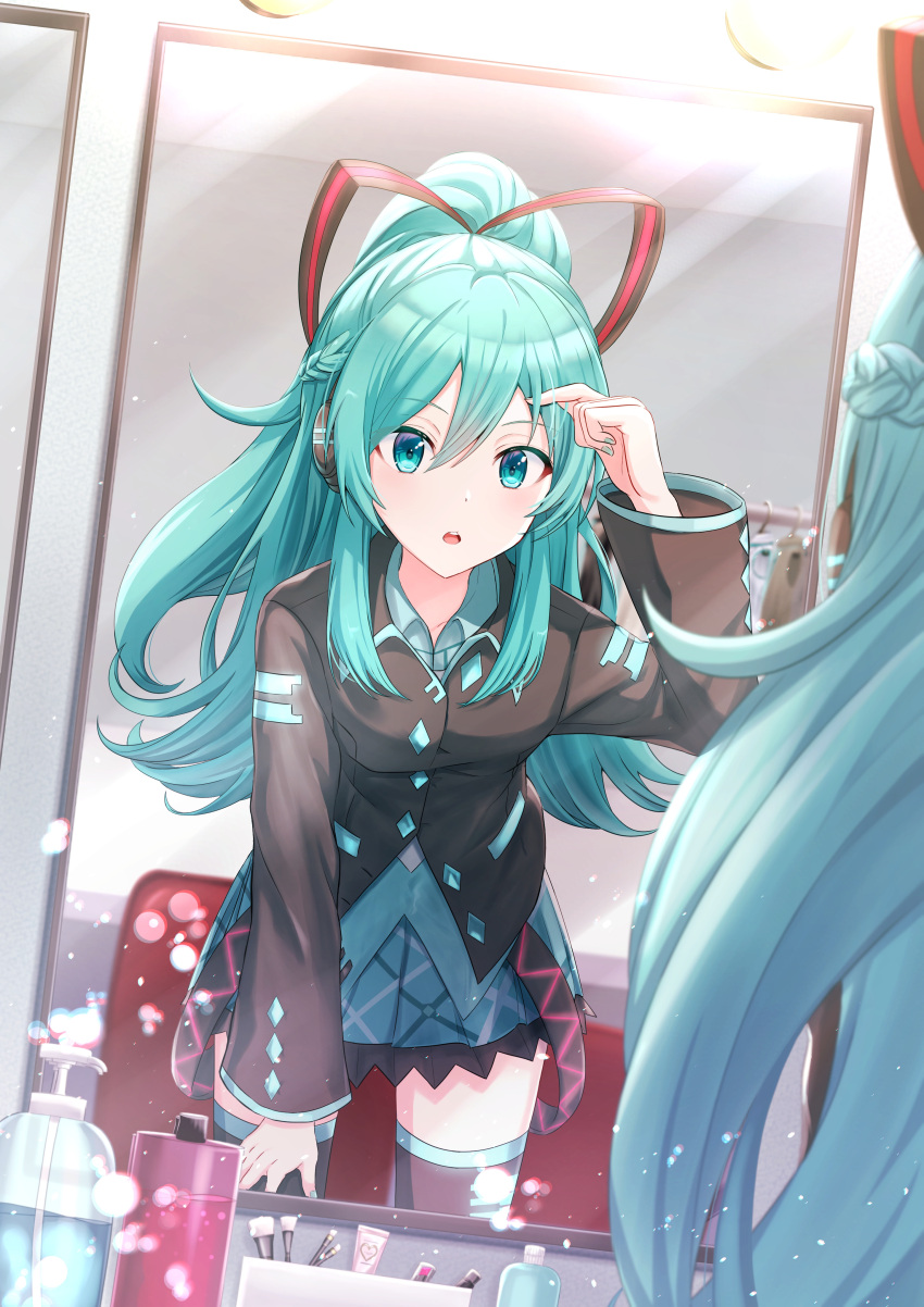 1girl, :o, absurdres, aqua_eyes, aqua_hair, aqua_nails, aqua_skirt, belt