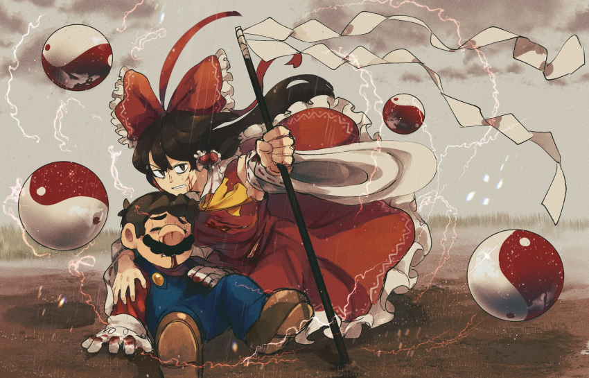 1boy, 1girl, ascot, black_hair, blood, blue_overalls, bow, brown_footwear