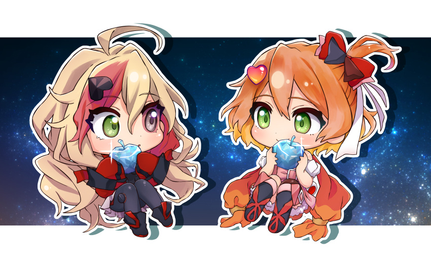 2girls, absurdres, apple, bangs, black_bow, black_legwear, blonde_hair, bow