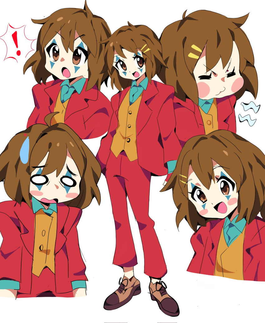 !, 1girl, :o, arthur_fleck, batman_(series), blue_shirt, blush, brown_eyes