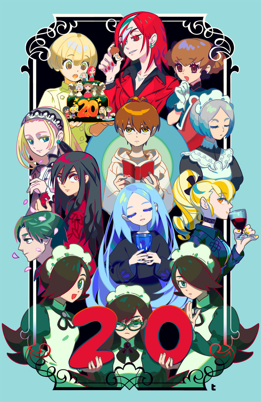 2boys, 6+girls, aikawa_jun, alcohol, apron, bandana, black_choker, black_dress