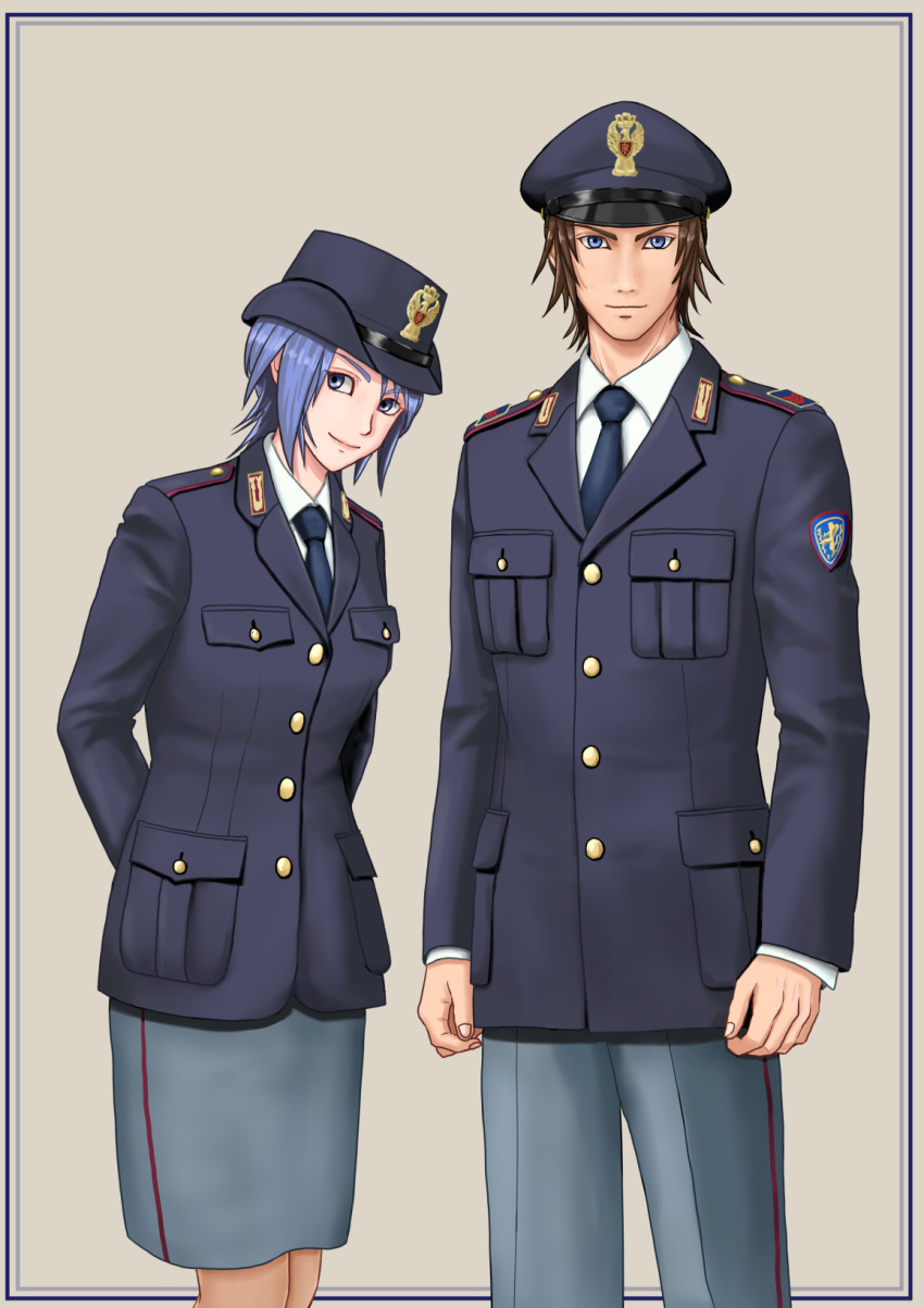 1boy, 1girl, aqua_(kingdom_hearts), blue_eyes, blue_hair, brown_hair, hat, highres