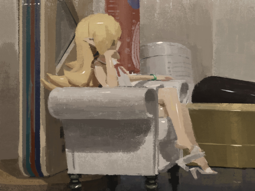 1girl, bagaju, bakemonogatari, blonde_hair, bracelet, couch, green_bracelet, highres, jewelry, looking_away, monogatari_(series), oshino_shinobu, pointy_ears, sandals, sitting, solo