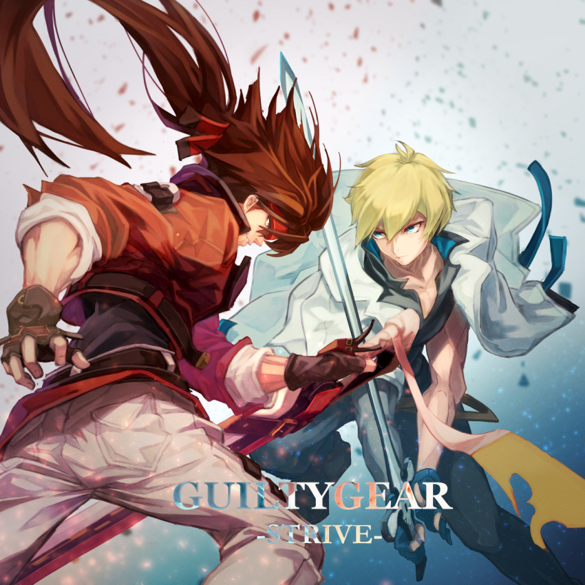 2boys, battle, belt, blonde_hair, blue_eyes, brown_hair, copyright_name, fighting_stance