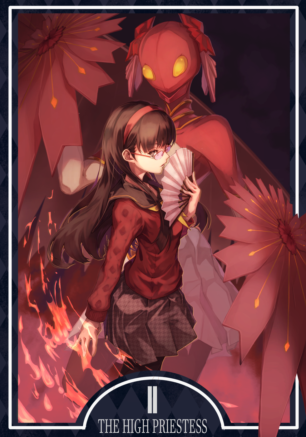 1girl, amagi_yukiko, aran_sweater, bangs, black_hair, black_legwear, dutch_angle, fire, flame, green_skirt, hair_between_eyes, hairband, hand_fan, highres, holding, holding_fan, konohana_sakuya, long_hair, looking_at_viewer, looking_to_the_side, miniskirt, neckerchief, online_neet, pantyhose, persona, persona_4, persona_4:_the_ultimate_in_mayonaka_arena, pleated_skirt, red_hairband, red_sweater, school_uniform, skirt, solo, standing, sweater, tarot, yasogami_school_uniform, yellow_eyes, yellow_neckerchief