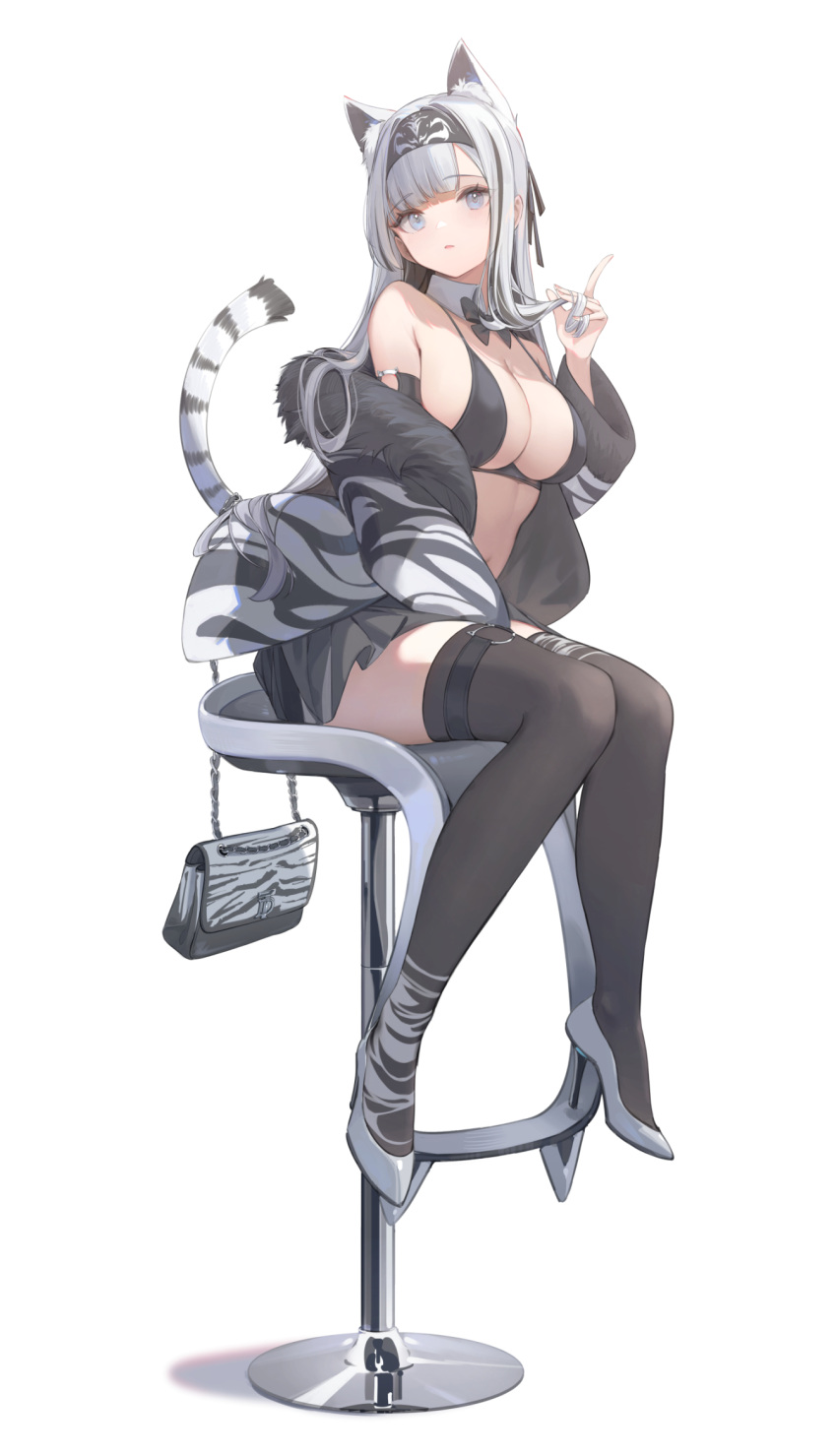 1girl, animal_ear_fluff, animal_ears, bag, bangs, bikini, bikini_top_only, black_hairband