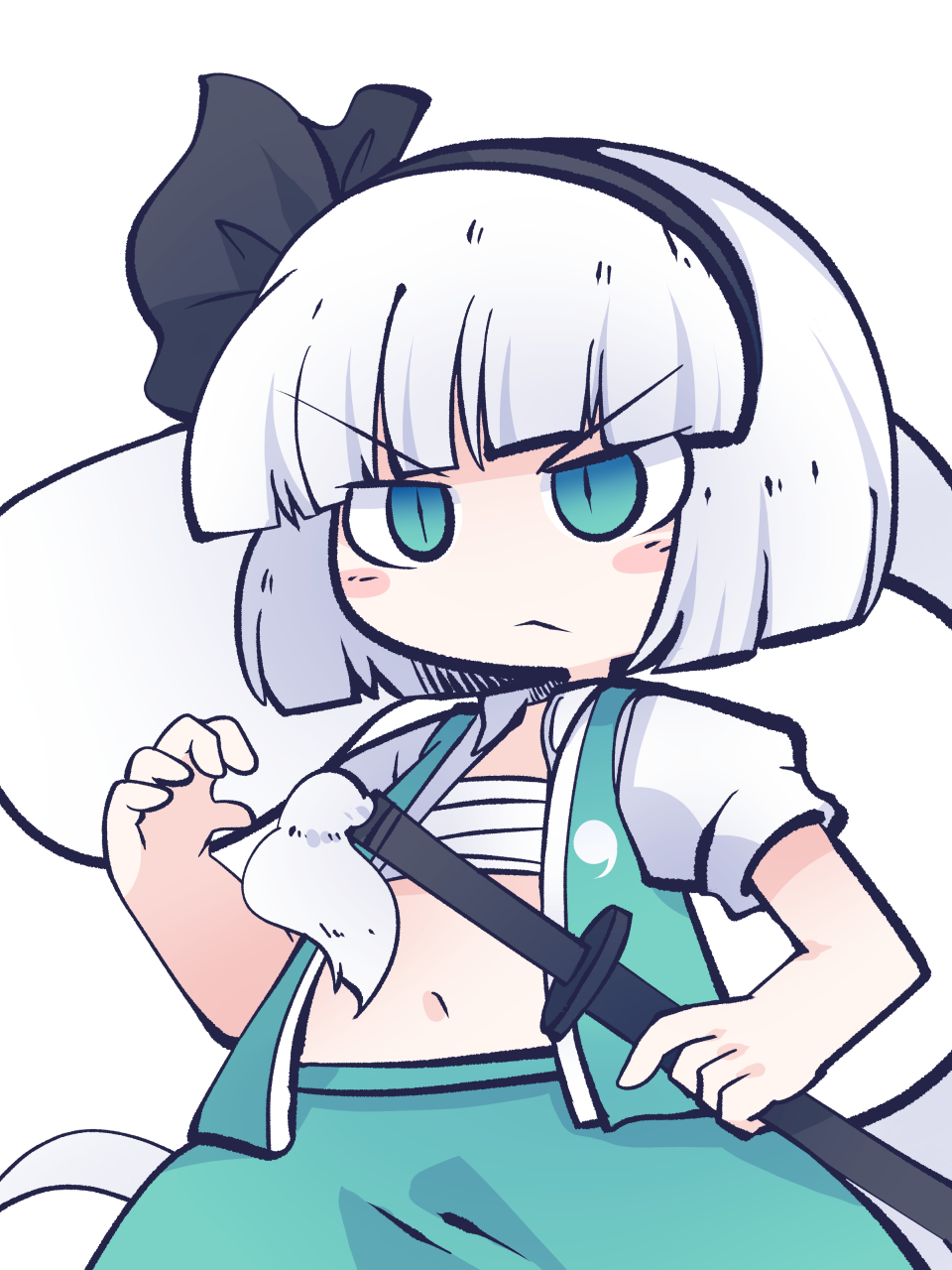 1girl, black_hairband, black_ribbon, blue_eyes, blush_stickers, closed_mouth, collared_shirt, fried_rice0614, green_skirt, green_vest, hair_ribbon, hairband, highres, hitodama, holding, holding_sword, holding_weapon, katana, konpaku_youmu, konpaku_youmu_(ghost), navel, one-hour_drawing_challenge, puffy_short_sleeves, puffy_sleeves, ribbon, sarashi, sheath, sheathed, shirt, short_hair, short_sleeves, silver_hair, simple_background, skirt, solo, sword, touhou, upper_body, vest, weapon, white_background, white_shirt