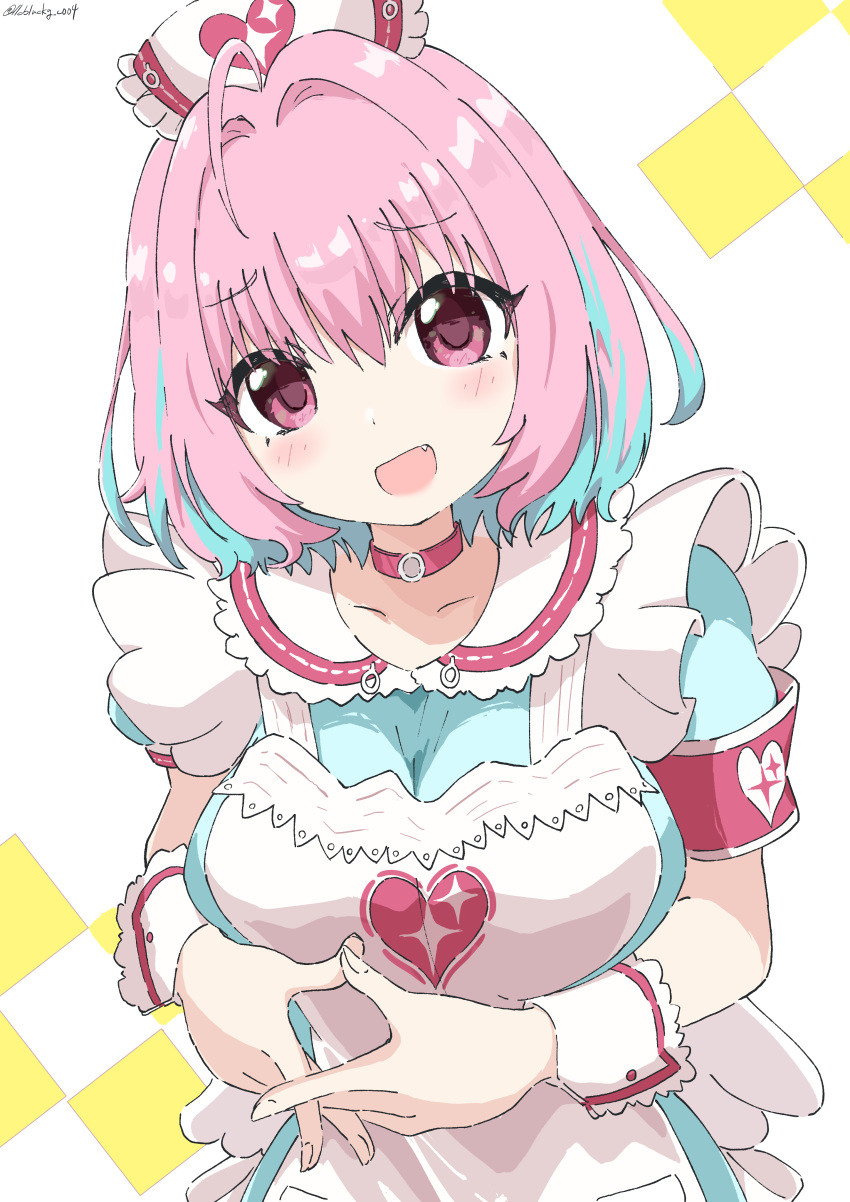 1girl, absurdres, ahoge, apron, aqua_dress, aqua_hair, armband, bangs