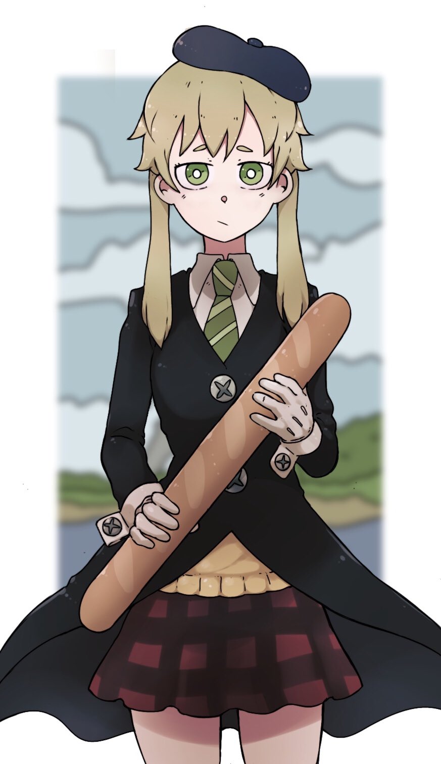 1girl, :/, ash_falcony, baguette, beret, black_headwear, black_jacket, blurry, blurry_background, border, bread, bright_pupils, buttons, commentary, dress_shirt, english_commentary, food, gloves, green_eyes, green_necktie, hat, highres, holding, holding_food, jacket, light_brown_hair, long_hair, maka_albarn, necktie, outside_border, plaid, plaid_skirt, red_skirt, school_uniform, shirt, short_eyebrows, skirt, solo, soul_eater, straight-on, striped_necktie, thighs, twintails, vest, white_border, white_gloves, white_pupils, white_shirt, wing_collar, wrist_cuffs, yellow_vest