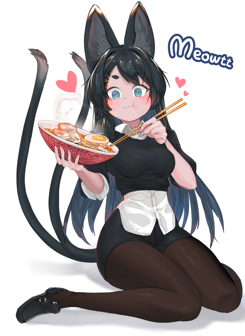 1girl, :3, absurdres, animal_ears, bangs, black_footwear, black_hair, black_legwear, black_shorts, black_sweater, blue_eyes, blush, bowl, breasts, cat_ears, cat_girl, chopsticks, collared_shirt, cropped_sweater, dress_shirt, eating, eyebrows_visible_through_hair, food, full_body, full_mouth, heart, highres, holding, holding_bowl, loafers, long_hair, looking_at_viewer, medium_breasts, noodles, orangefox, original, pantyhose, ramen, ranguage, shirt, shoes, short_shorts, shorts, simple_background, sitting, slit_pupils, solo, sweater, thick_eyebrows, thighs, twintails, untucked_shirt, very_long_hair, wariza, white_shirt, wing_collar