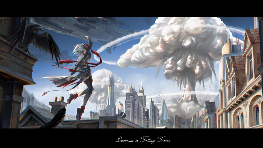 1girl, aircraft, ankle_boots, arknights, arm_up, bare_shoulders, bird, black_footwear