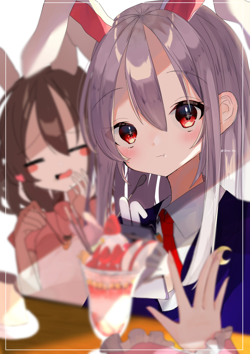 3girls, :t, \||/, absurdres, animal_ears, bangs, blazer, blurry