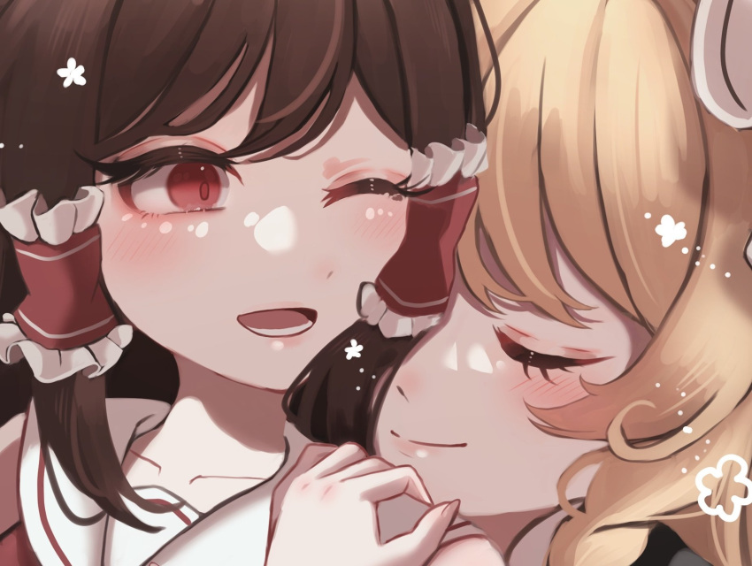 2girls, ;d, blonde_hair, blush, bow, brown_hair, close-up, closed_eyes