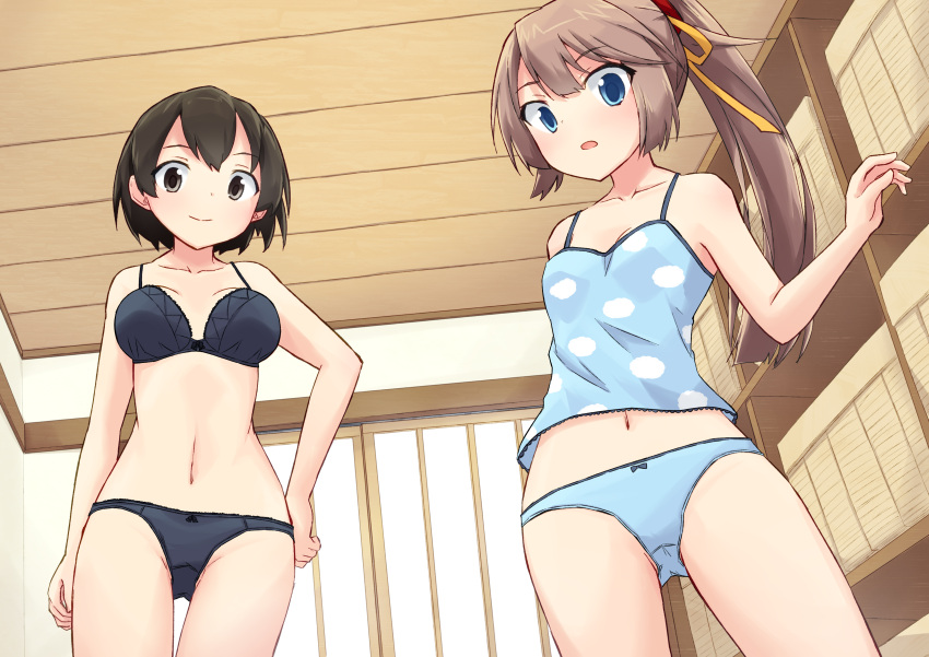 1girl, absurdres, aqua_eyes, black_bra, black_panties, blue_camisole, blue_panties, bra