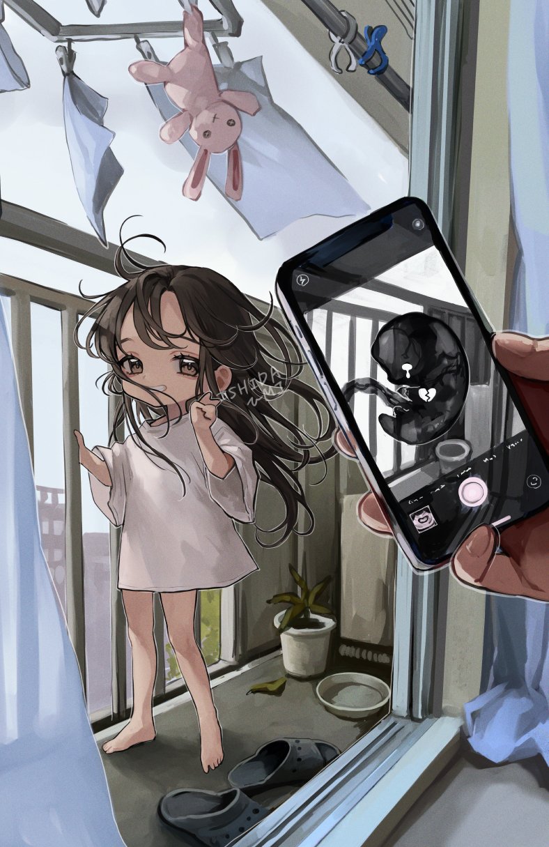 1girl, artist_name, balcony, bangs, bare_legs, barefoot, broken_heart, brown_eyes