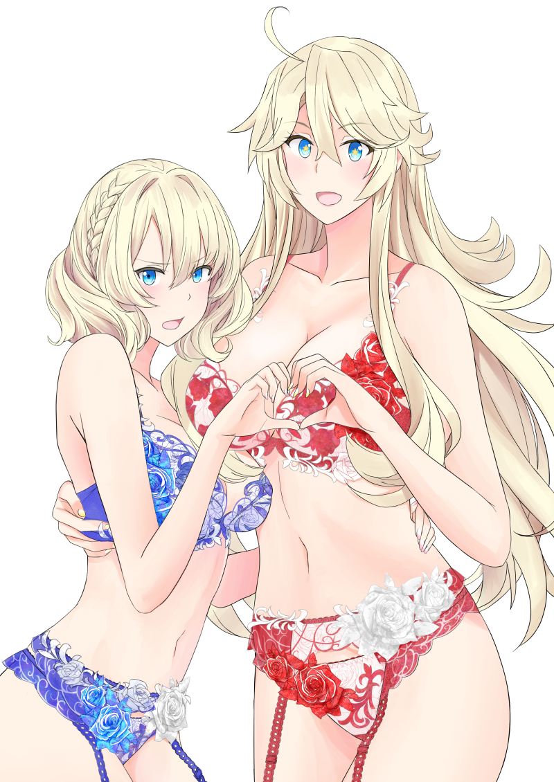 2girls, blonde_hair, blue_bra, blue_eyes, blue_panties, bra, braid, breasts