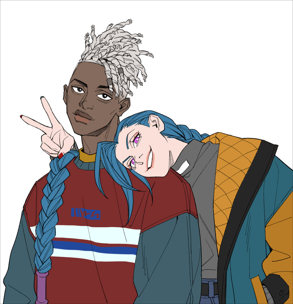 1boy, 1girl, alternate_costume, arcane_ekko, bangs, blue_hair, braid, dark-skinned_male