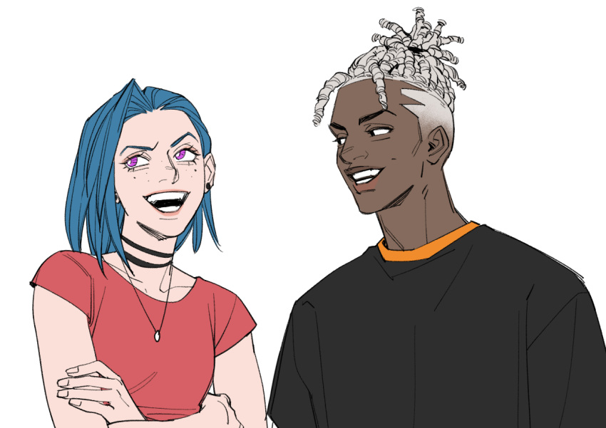 1boy, 1girl, alternate_costume, alternate_hair_length, alternate_hairstyle, arcane_ekko, bangs, black_choker