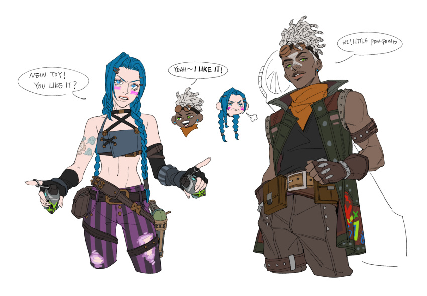 1boy, 1girl, alternate_costume, alternate_universe, arcane:_league_of_legends, arcane_ekko, arcane_jinx, bangs