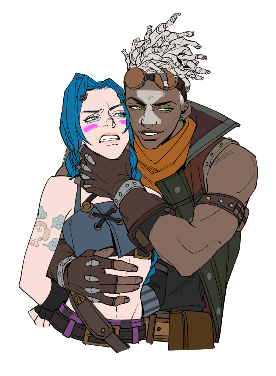 1boy, 1girl, alternate_costume, arcane:_league_of_legends, arcane_ekko, arcane_jinx, arms_behind_back, bangs, bare_shoulders, belt, black_belt, black_gloves, braid, brown_belt, brown_gloves, brown_vest, clenched_teeth, cloud_tattoo, cropped_torso, dark-skinned_male, dark_skin, dreadlocks, earrings, ekko_(league_of_legends), facial_mark, fang, fingerless_gloves, firelight_ekko, gloves, goggles, goggles_on_head, grin, hair_ornament, hand_on_another's_neck, hand_on_another's_stomach, highres, jewelry, jinx_(league_of_legends), league_of_legends, looking_at_viewer, monkey_tattoo, mush820823, official_alternate_hairstyle, pouch, simple_background, smile, teeth, upper_body, vest