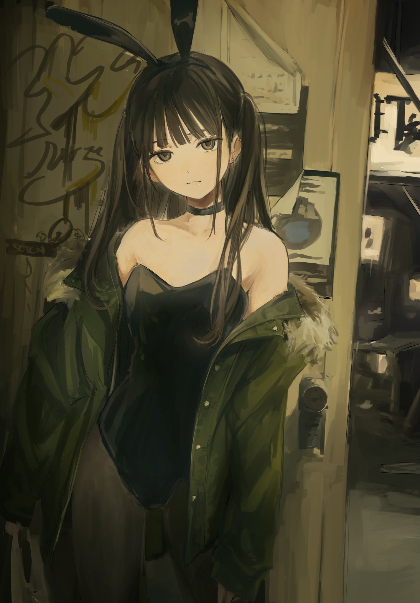 1girl, bangs, bare_shoulders, black_eyes, black_hair, choker, closed_mouth, door