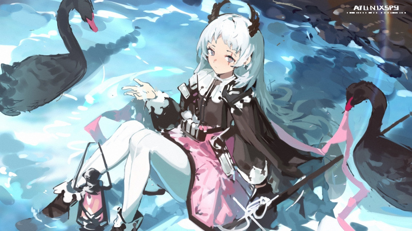 1girl, animal, ankle_boots, arknights, bird, black_footwear, black_gloves, black_shirt