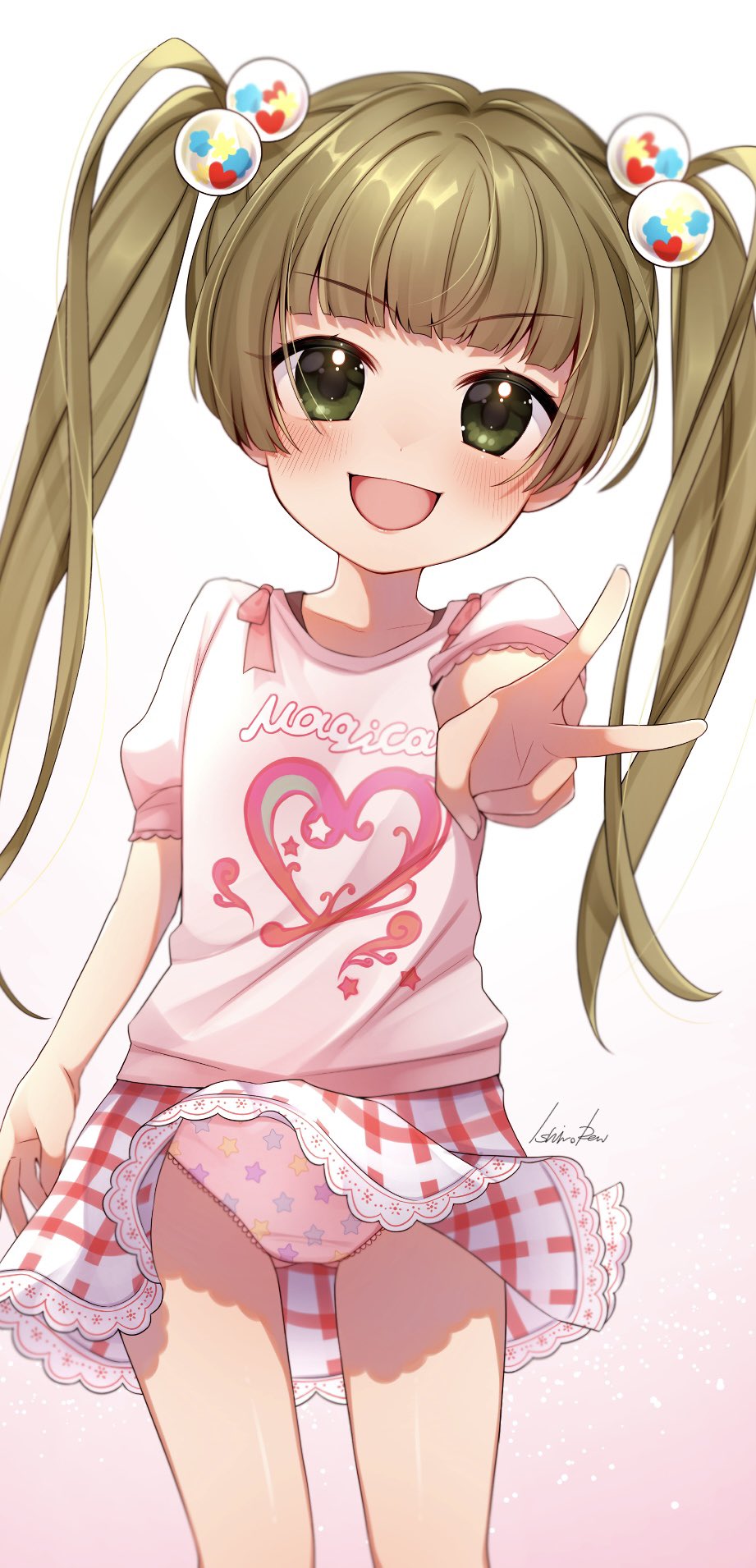 ass_visible_through_thighs, bangs, blonde_hair, blush, checkered_clothes, checkered_skirt, child, eyebrows_visible_through_hair, ggyoku, gradient, gradient_background, green_eyes, hair_bobbles, hair_ornament, heart, heart_print, highres, idolmaster, idolmaster_cinderella_girls, long_hair, open_mouth, panties, pantyshot, pink_panties, pink_shirt, print_panties, print_shirt, puffy_short_sleeves, puffy_sleeves, red_skirt, shirt, short_sleeves, skirt, smile, solo, star_(symbol), star_print, symbol-only_commentary, thighs, twintails, underwear, v, v-shaped_eyebrows, wind, wind_lift, yokoyama_chika
