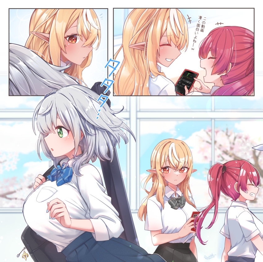 blonde_hair, dark-skinned_female, dark_elf, dark_skin, elf, green_eyes, hairband, highres