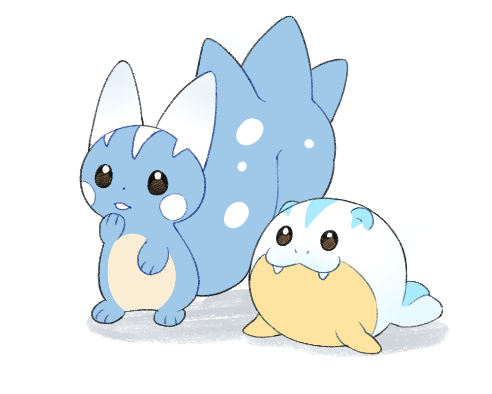 alternate_color, black_eyes, bright_pupils, closed_mouth, commentary, fangs, fangs_out, no_humans, pachirisu, pokemon, pokemon_(creature), shi_mohaji, smile, spheal, standing, swap, white_background, white_pupils