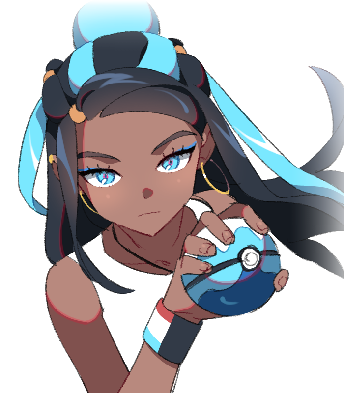 1girl, black_hair, blue_eyes, blue_eyeshadow, closed_mouth, commentary, dark-skinned_female, dark_skin, dive_ball, dynamax_band, earrings, eyeshadow, fingernails, hair_bun, hand_up, holding, holding_poke_ball, hoop_earrings, jewelry, long_hair, looking_at_viewer, makeup, multicolored_hair, necklace, nessa_(pokemon), poke_ball, pokemon, pokemon_(game), pokemon_swsh, shi_mohaji, simple_background, solo, two-tone_hair, upper_body, white_background
