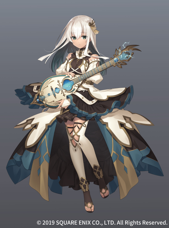 1girl, breasts, curly_(grimms_notes), dark_skin, dress, full_body, gradient, gradient_background, green_eyes, grey_background, grimms_notes, guitar, hair_ornament, instrument, long_hair, official_art, sakanahen, skirt, solo, weapon, white_hair