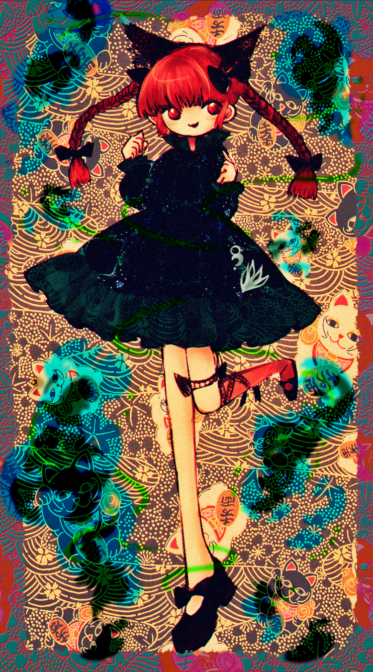 1girl, abstract_background, animal_ears, bangs, black_ribbon, blunt_bangs, blush, braid