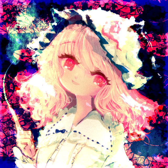 1girl, abstract_background, blue_kimono, eyebrows_visible_through_hair, flower, frilled_kimono, frills, hat