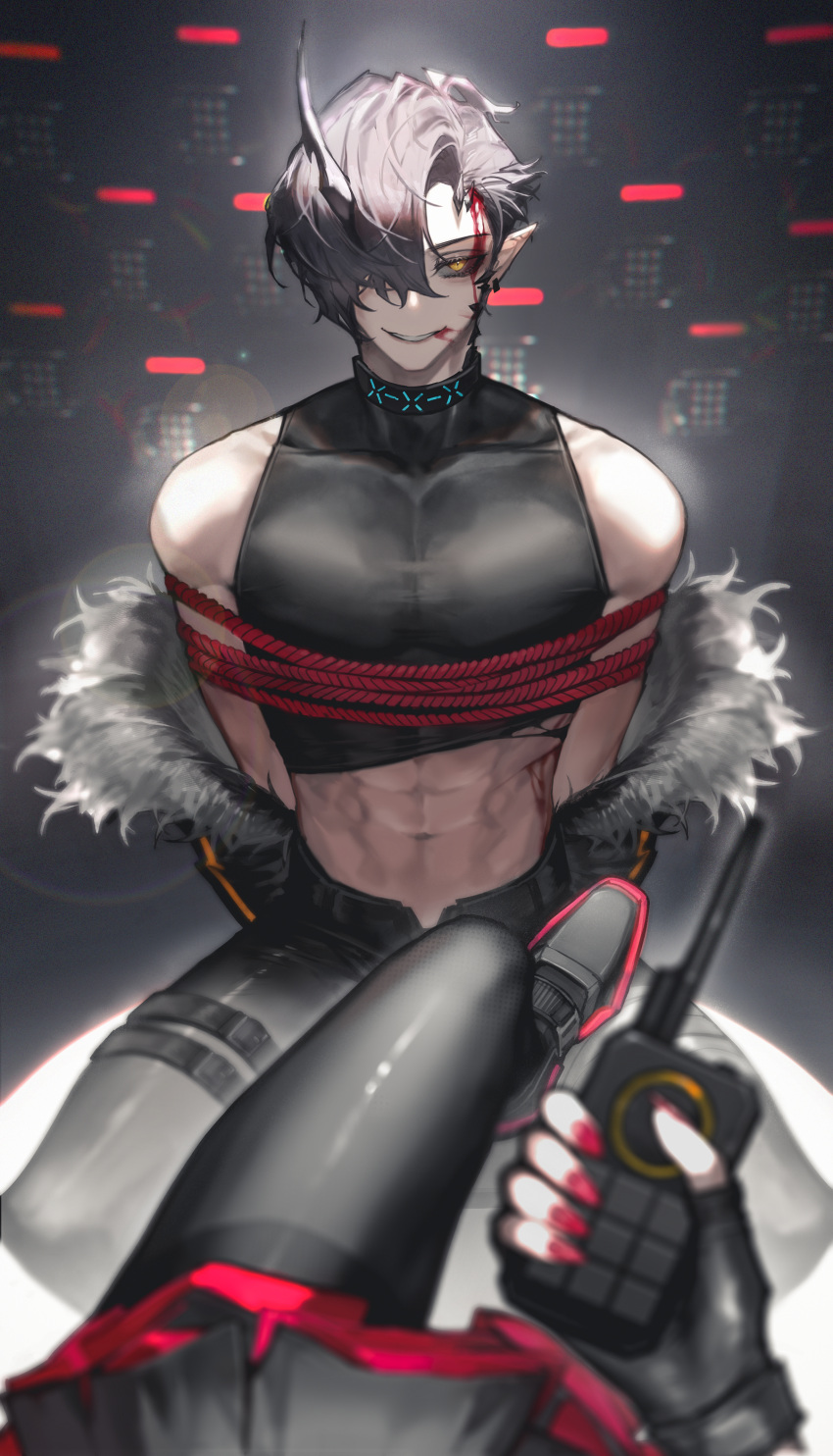 1boy, 1girl, abs, absurdres, arknights, bangs, black_gloves, black_hair