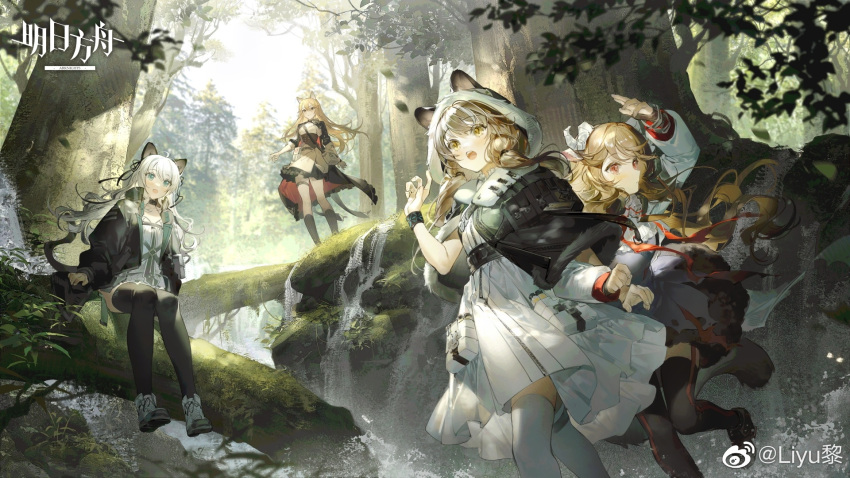 4girls, :d, animal_ears, arknights, arm_up, artist_name, bangs, belt
