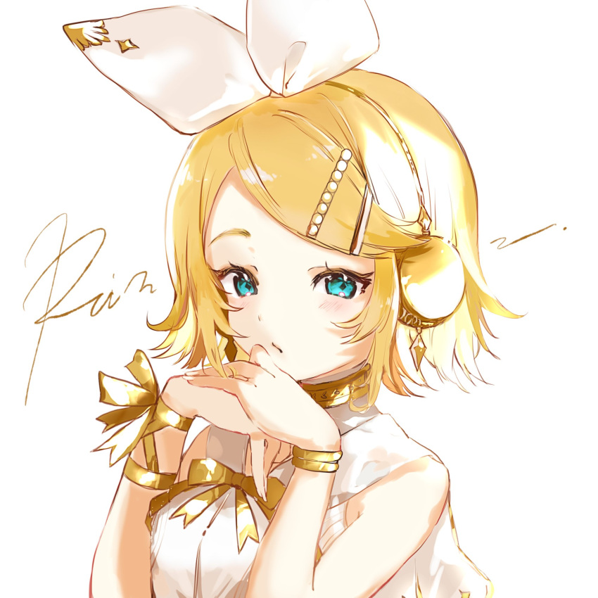 1girl, aqua_eyes, bangs, bare_shoulders, blonde_hair, blush, bow, breasts